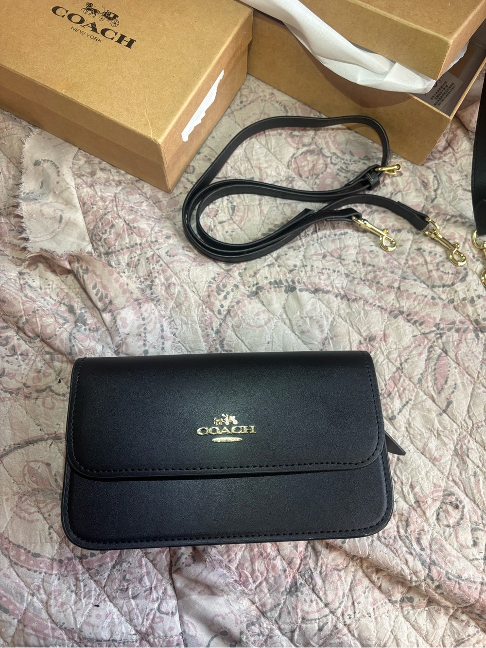 COACH Black Leather Crossbody Clutch with Gold Logo